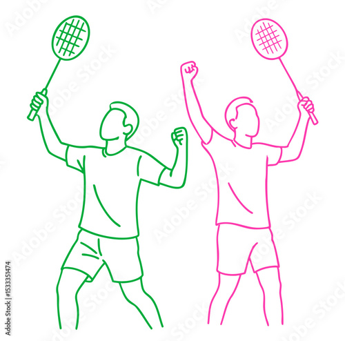 Badminton Players Celebrating with raised racket Ready for Action