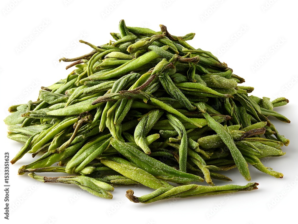 Fototapeta premium A pile of dried green tea leaves is displayed against a solid white background in a studio environment.