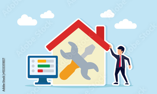 Businessman near a house marked with a wrench and screwdriver with a monitor displaying a progress bar list representing monitoring progress of business system repair illustration