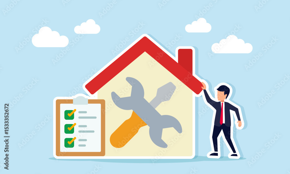 Fototapeta premium Businessman near a house marked with a wrench and screwdriver with a monitor displaying a document work list representing monitoring progress of business system repair illustration
