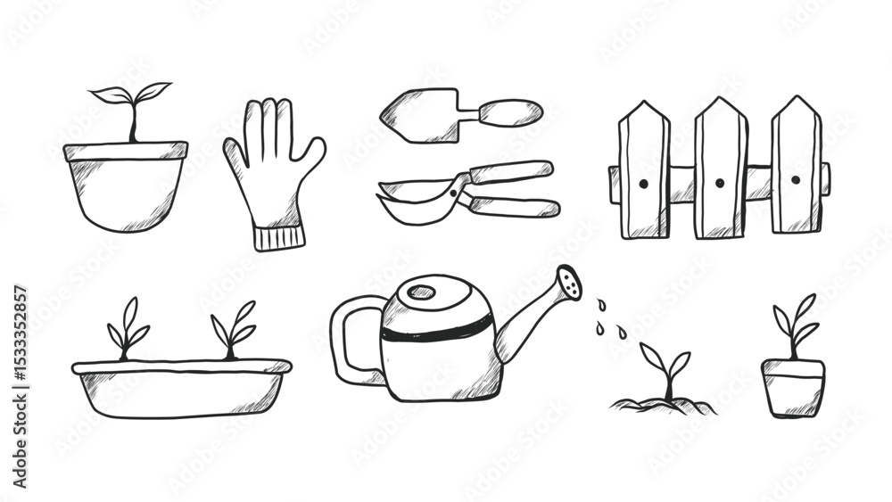 Obraz premium Hand-Drawn Doodle Collection of Gardening Essentials and Plant Illustration
