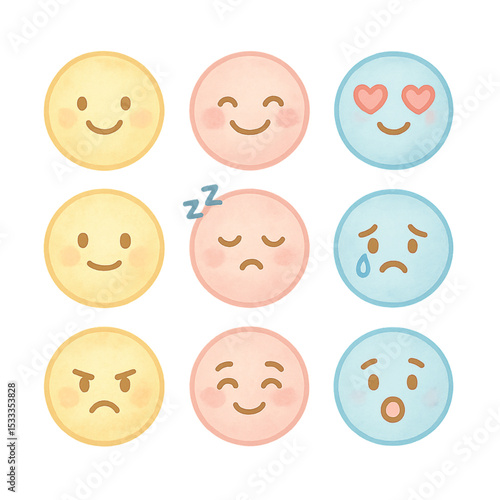 Cute Mood Tracker Icons – Pastel Watercolor Emotions Set (9 PNG)