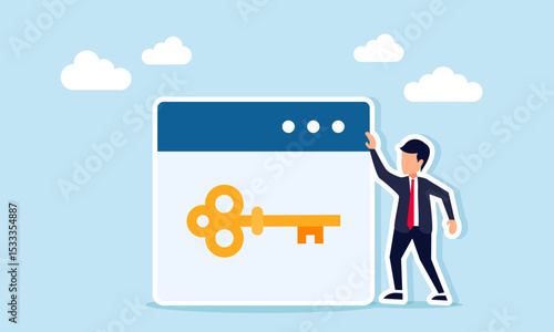 Businessman near an app interface showing a key illustration of solution to troubleshoot business application issues