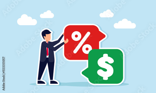 Businessman arranging a percent-marked chat above a dollar-marked chat illustration of sharing about profit distribution and business dividend strategy