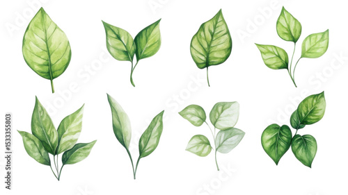 Set of fresh green foliage collection isolated on white background