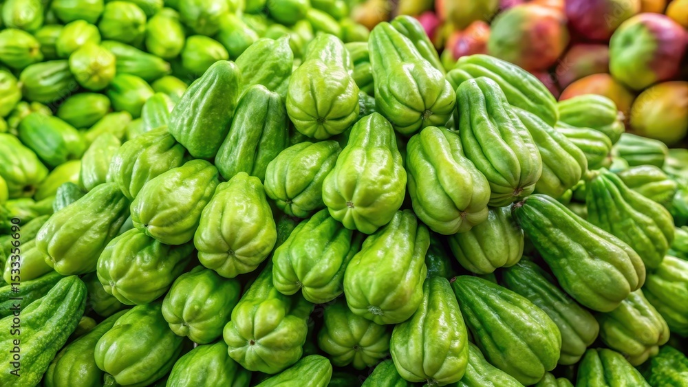 Fresh chayote squash piled high in a vibrant market display Fresh chayote squash piled high in a vibrant market display