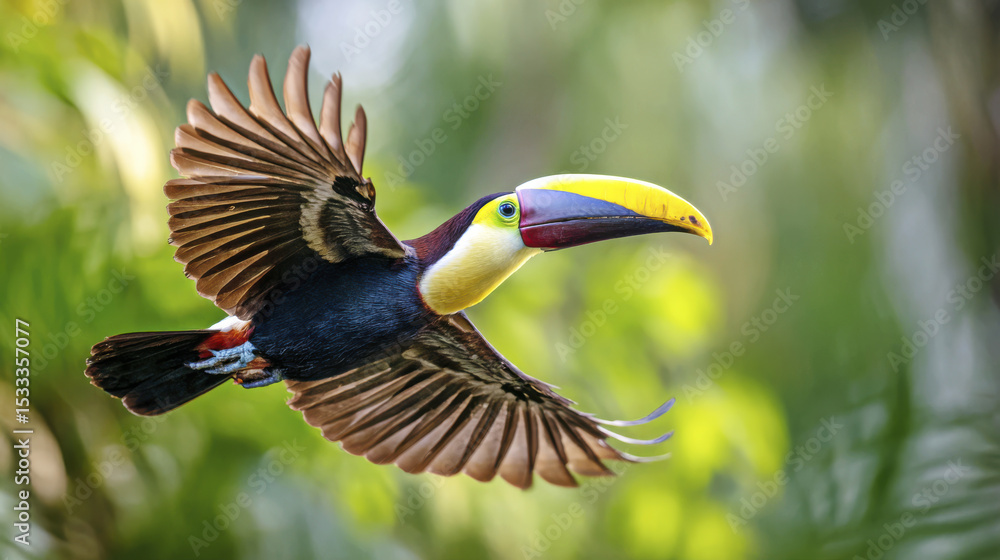 Fototapeta premium Colorful toucan with large yellow beak flies gracefully through lush green jungle, its wings fully spread in midflight, showcasing vibrant feathers and natural beauty