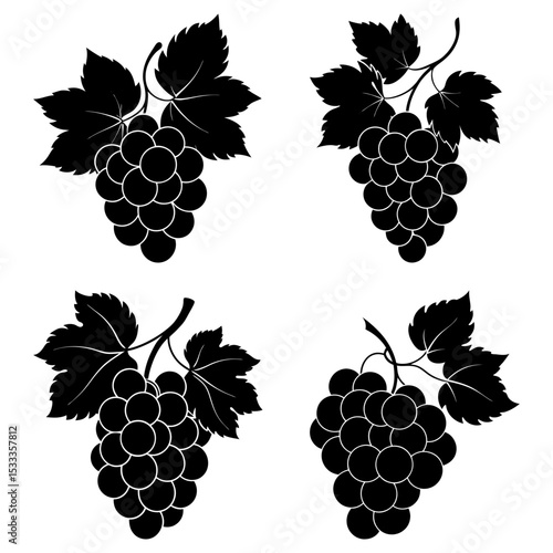 Four bunches of grapes with leaves in a black silhouette on a white background illustration art work
