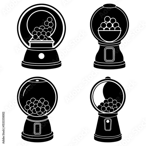 Collection of four black and white gumball machines in varying states of fullness and design style