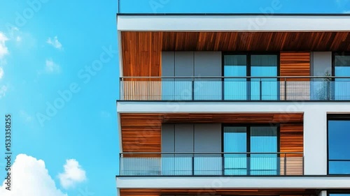 Wallpaper Mural Modern Residence with Sky View: A contemporary residential building stands tall, its sleek design highlighted against a vibrant, clear blue sky, showcasing architectural elegance and modern living. Torontodigital.ca