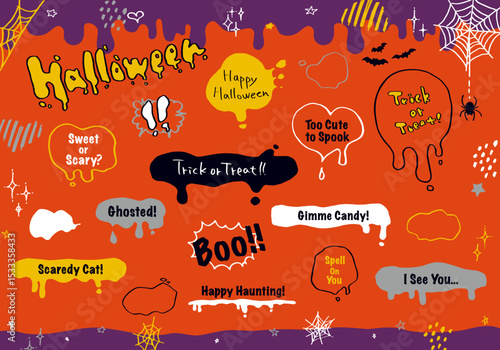 ポップで個性的なハロウィン手描き素材セット(吹き出し・フレーム・文字入り)