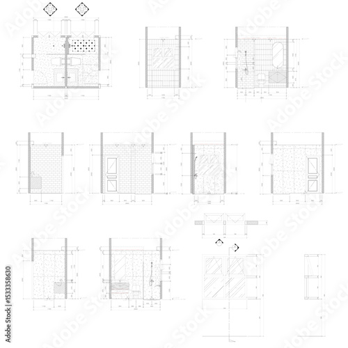 Drawings 2d interior design, two bathrooms, back-to-back collision, furniture layout plan, lift, vector format.