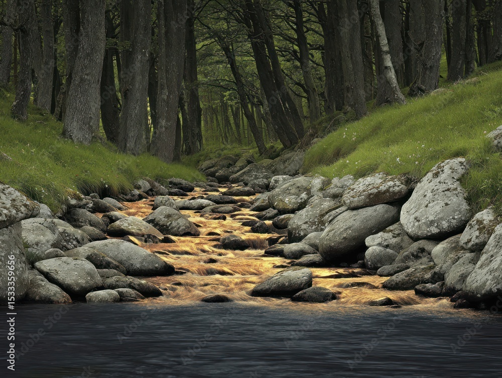 Obraz premium Forest stream flowing into a lake