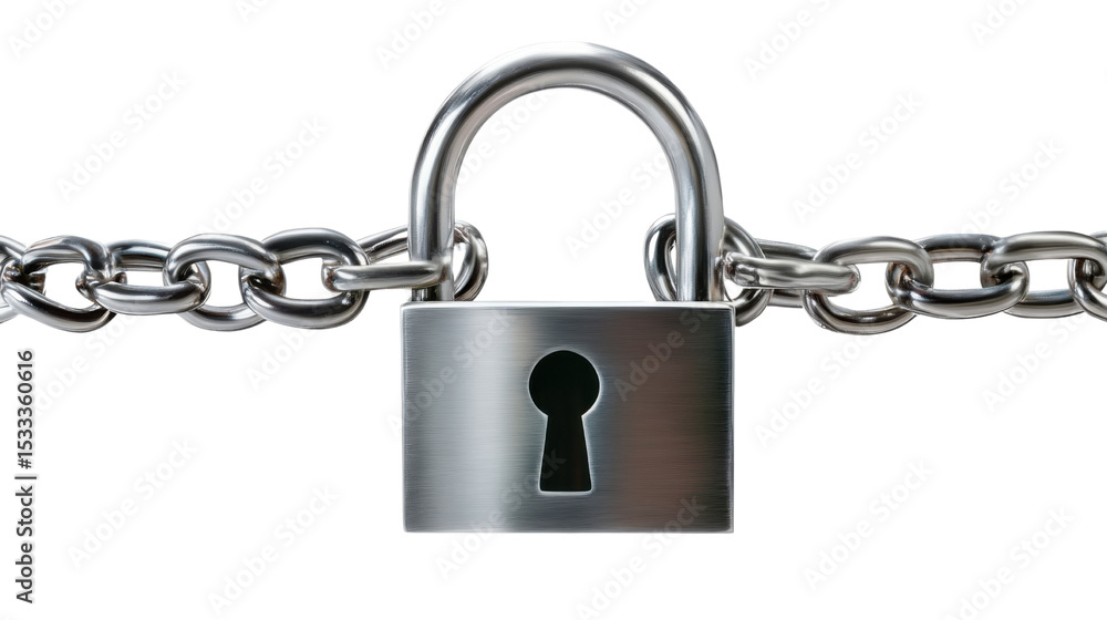 shiny silver padlock secured on a metal chain on white background shiny silver padlock secured on a metal chain on white background