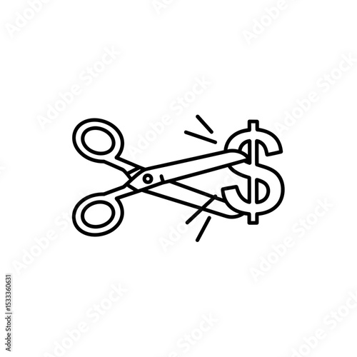 Scissors Cutting Dollar Sign Icon, Symbolizing Cost Reduction, Financial Savings and Budget Cutting in a Clean Line Art Style