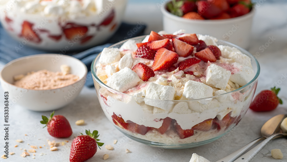Delicious Strawberry Trifle Dessert with Whipped Cream and Marshmallows in Glass Bowl Delicious Strawberry Trifle Dessert with Whipped Cream and Marshmallows in Glass Bowl