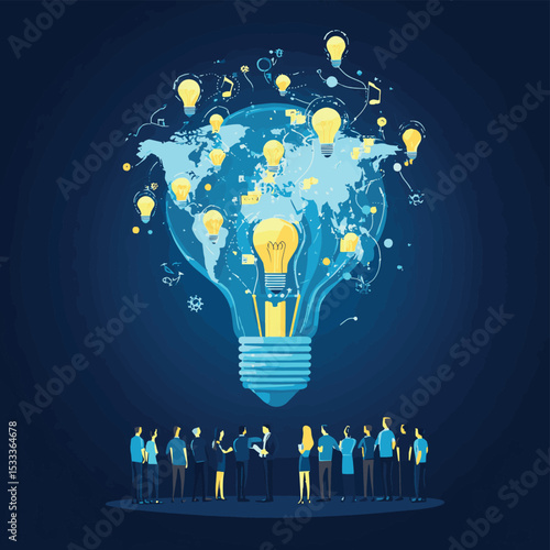 Business team with innovation networking and creative lightbulb in world shape. Inspiration and solution for business success and achievement. Vector