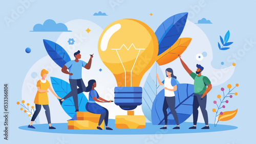 Team collaborating on a big idea with a lightbulb icon