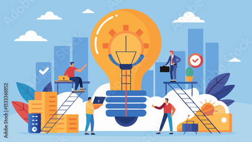 Illustration of people working around a lightbulb idea