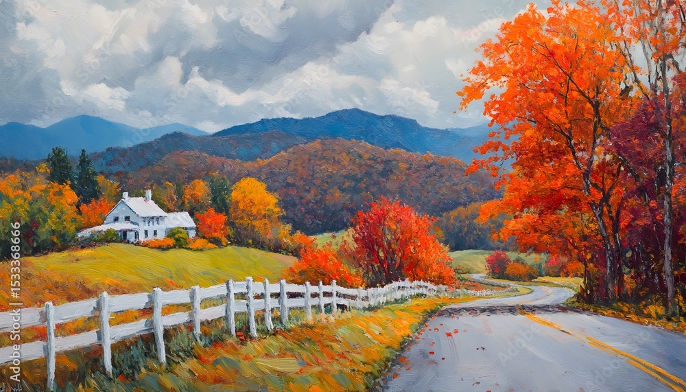 Obraz premium Scenic autumn landscape with winding road and white fence.