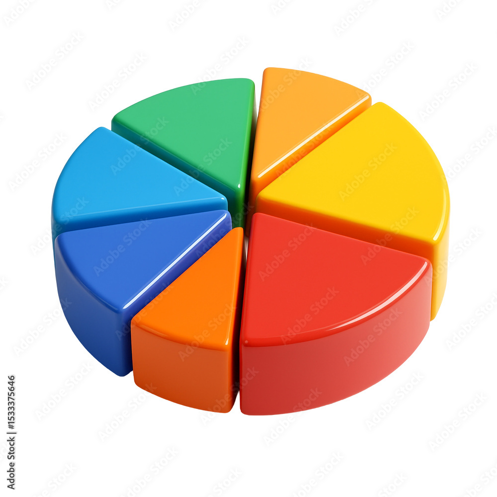 Obraz premium Glossy 3D pie chart icon with colorful segments, isometric view on clean background