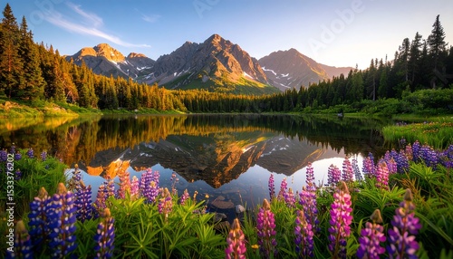 Stunning mountain landscape with vibrant flowers reflecting in a tranquil lake, capturing the essence of natural beauty.