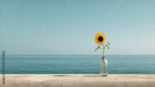 海を背景に、護岸のコンクリート面に置かれた空の瓶に入った1輪のひまわりの写真　夏　テキストスペース