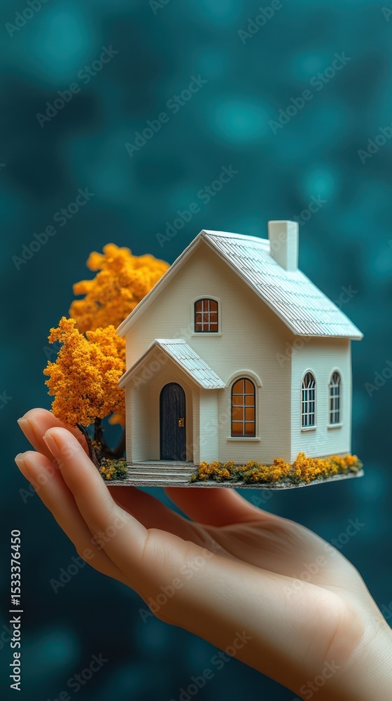 Hand holding a hyperrealistic model house with trees against a vibrant blue background showcasing creativity and design Hand holding a hyperrealistic model house with trees against a vibrant blue background showcasing creativity and design