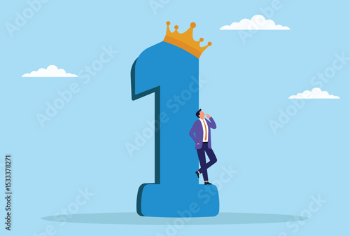 Vector illustration of a worried businessman standing beneath a first place award and crown, symbolizing the pressure and anxiety of achieving top success