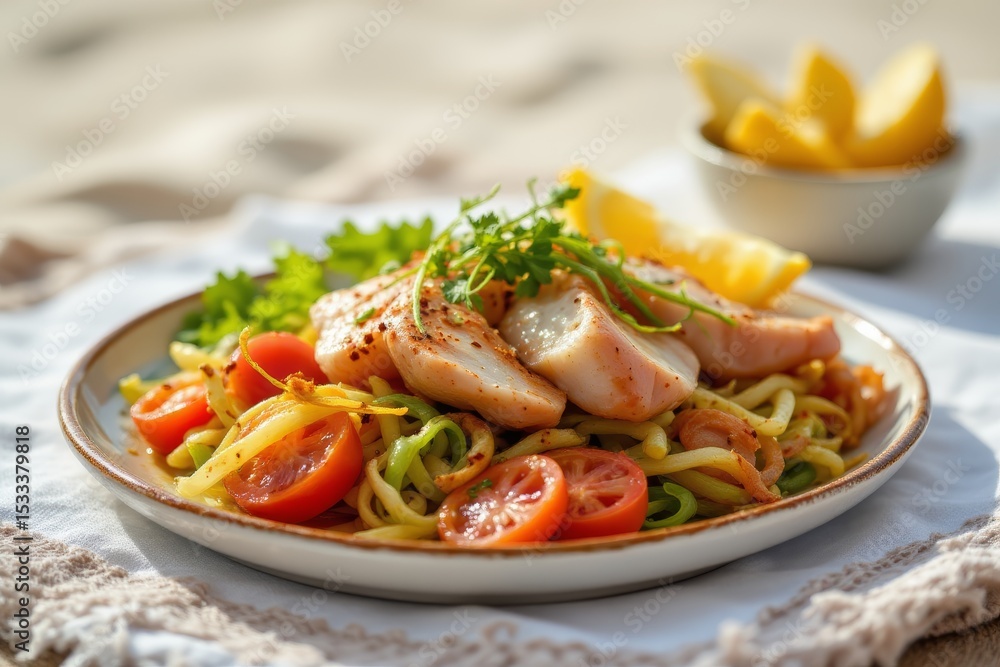 Grilled Fish with Zucchini Noodles and Tomatoes Grilled Fish with Zucchini Noodles and Tomatoes