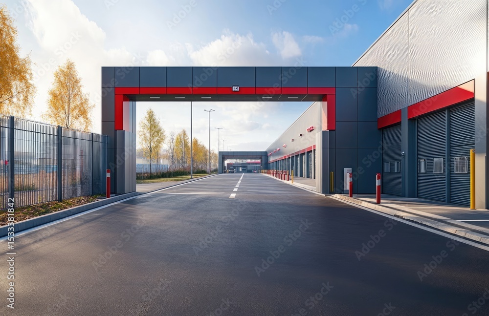 Obraz premium Modern Industrial Entrance Gate on a Country Road