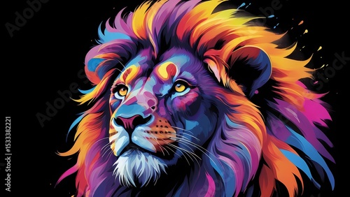 Lion, the head of a lion in a multi-colored flame. Abstract multicolored profile portrait of a lion head on a black background.