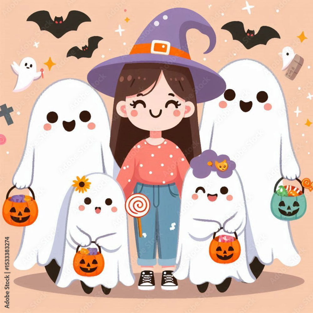 Fototapeta premium Adorable Halloween Witch and Ghost Friends Trick or Treating