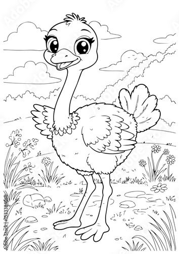 ostrich cartoon outline line art vector illustration for coloring page for chidren's kids, transparent background
