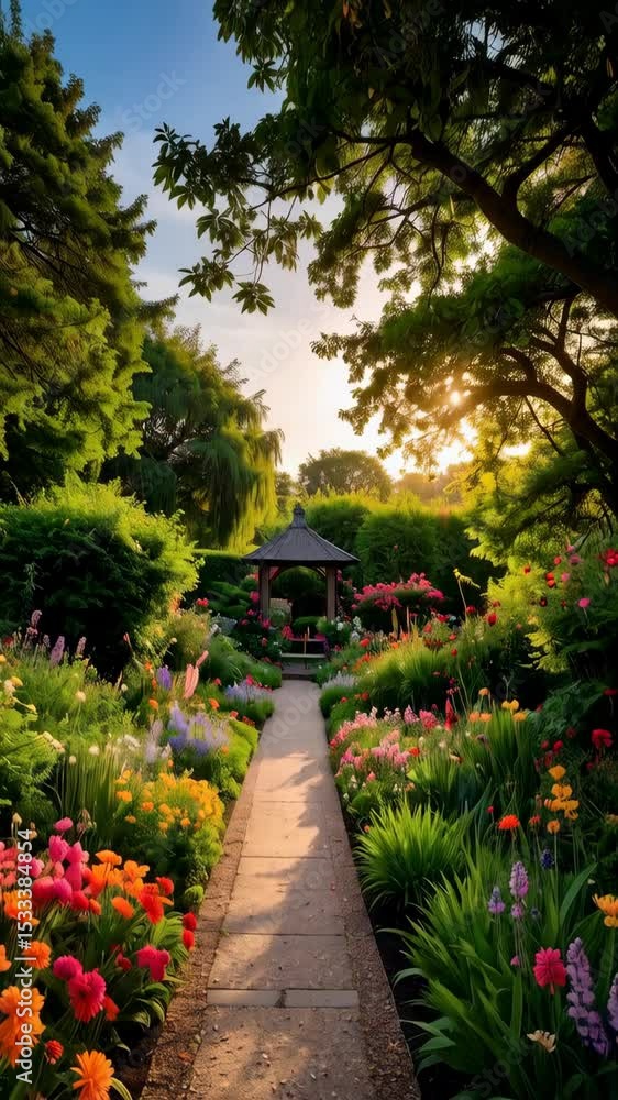 Tranquil garden path leads to gazebo amid lush flowers and greenery in golden hour light, sunshine filtering through trees, nature's beauty Tranquil garden path leads to gazebo amid lush flowers and greenery in golden hour light, sunshine filtering through trees, nature's beauty