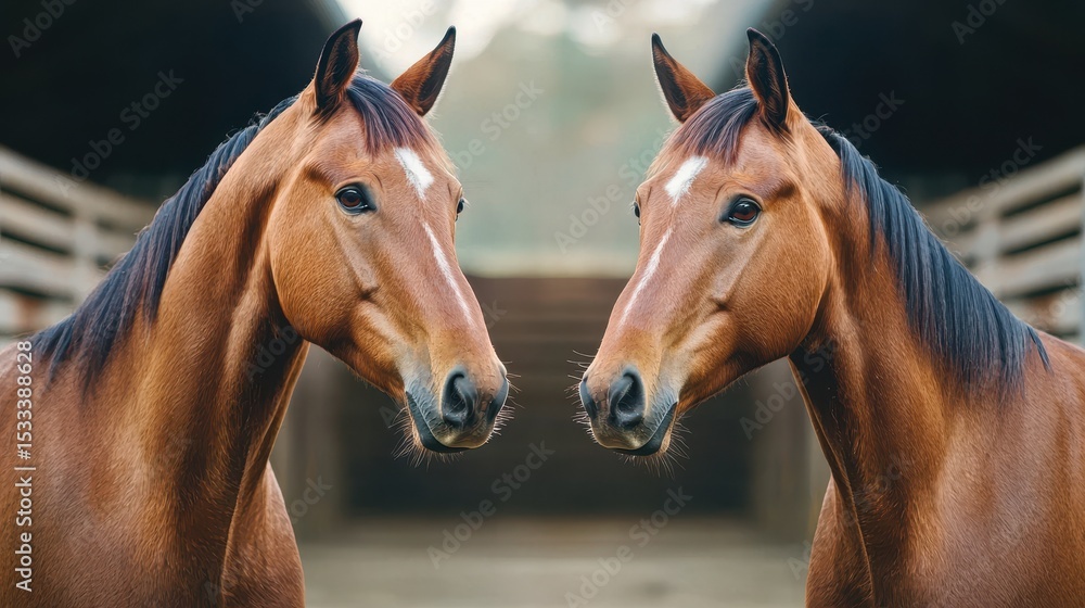 Obraz premium Two brown horses face each other with a blurred stable background, showcasing their shiny coats and attentive expressions.