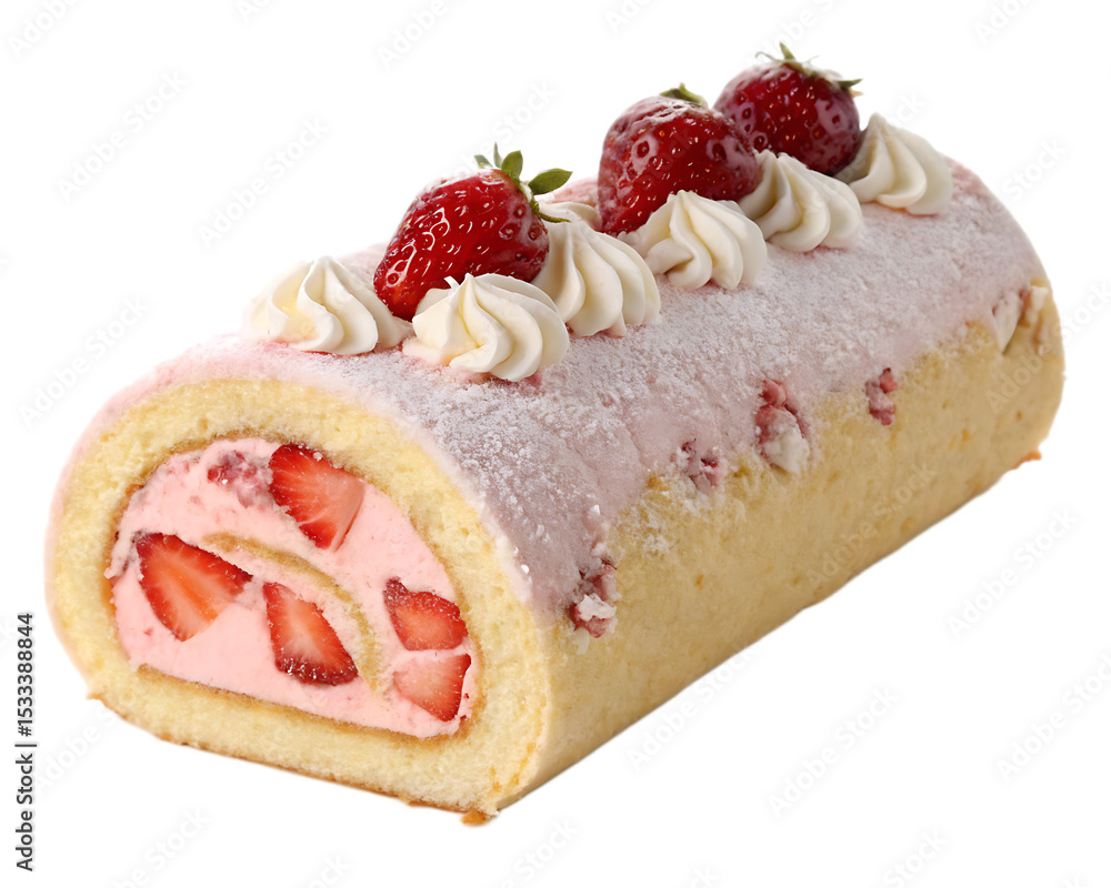 Close up of a strawberry roll cake with whipped cream and fresh strawberries on top on a black background Close up of a strawberry roll cake with whipped cream and fresh strawberries on top on a black background