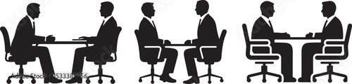 A simple, black and white silhouette illustration of two businessmen seated across a table, suggesting a formal meeting or negotiation.