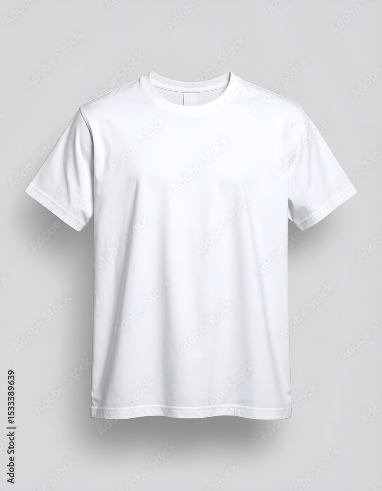 Clean white t-shirt mockup on a light gray background, ready for design placement. Clean white t-shirt mockup on a light gray background, ready for design placement.