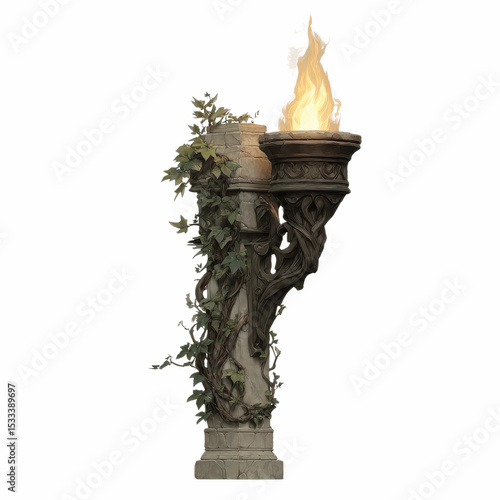 Enchanting Stone Torch with Ivy Fantasy Game Asset or Architectural Detail