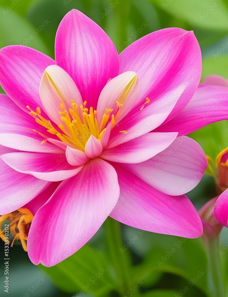 Fototapeta premium Vibrant Pink Lotus-Inspired Bloom with Yellow Stamens on Green Background