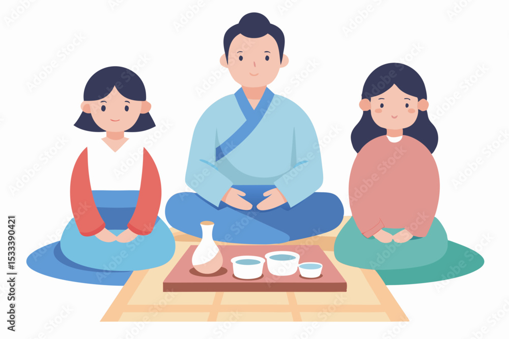 Fototapeta premium Family enjoying a tea ceremony, together, with copy space