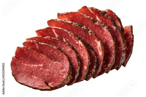 Sliced pastrami meat food close up on white background on transparent background