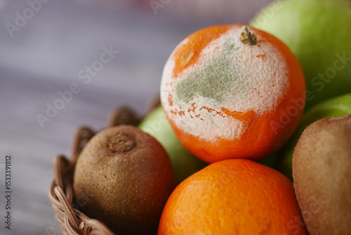 Fotografie Moldy fruit in a basket suggests spoilage in the kitchen