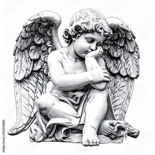 Pensive Stone Cherub Sculpture with Wings