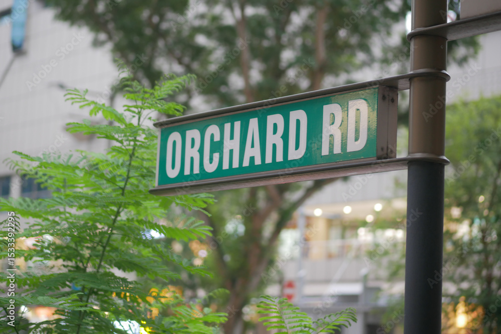 Fototapeta premium Orchard Road street sign surrounded by greenery in the city