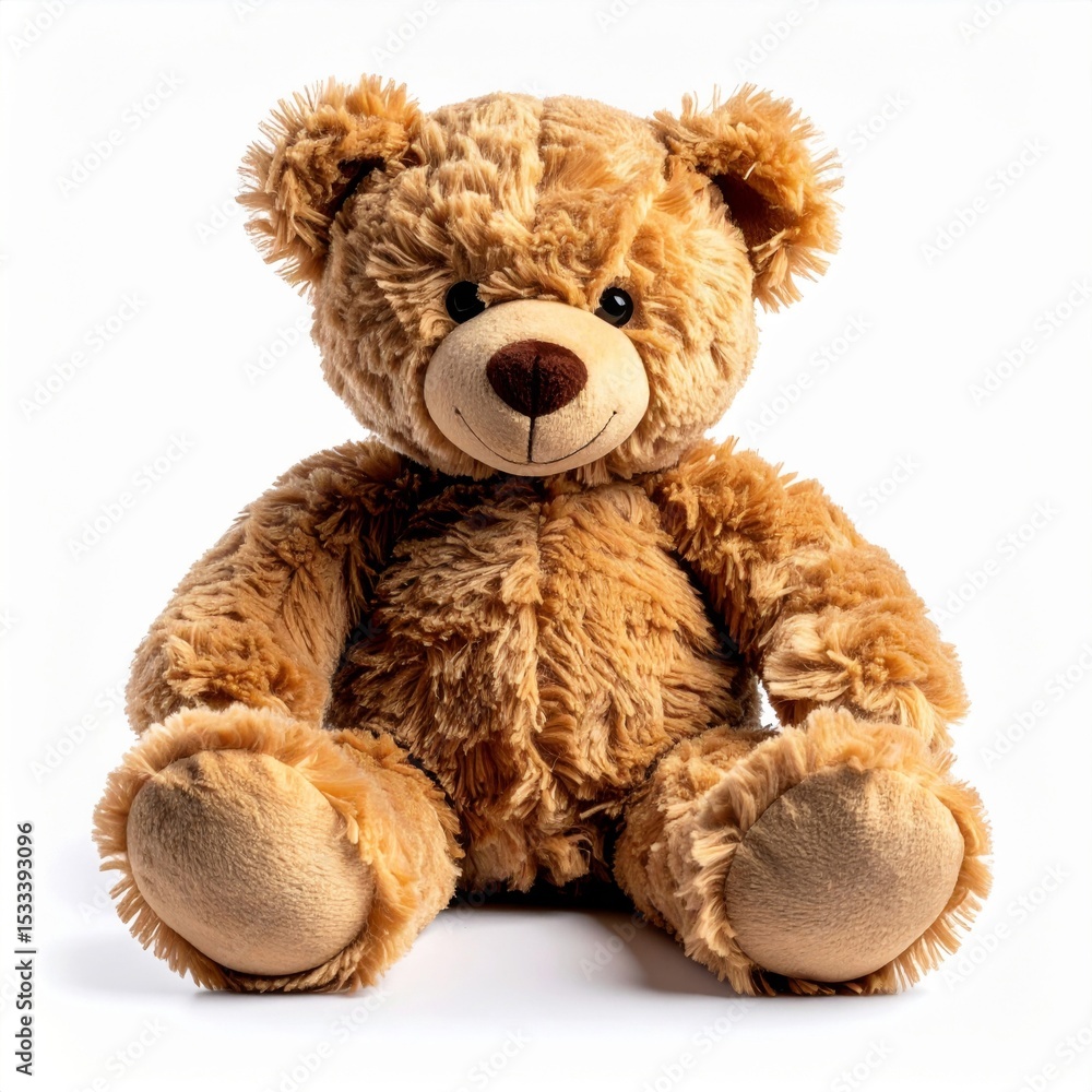 Fototapeta premium Light Brown Plush Teddy Bear Sitting on White Background