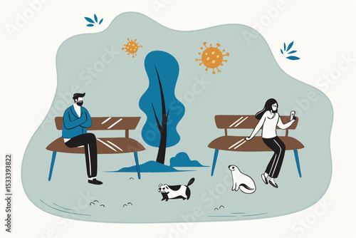 Social distancing Coronavirus COVID-19 pandemic, new normal people wearing protective mask keep distance away in public concept, people sitting keep distance away in public park with sign on chairs.