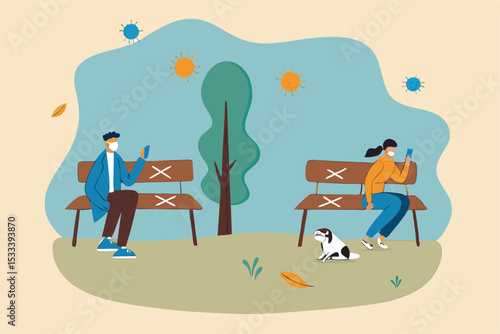 Social distancing Coronavirus COVID-19 pandemic, new normal people wearing protective mask keep distance away in public concept, people sitting keep distance away in public park with sign on chairs.
