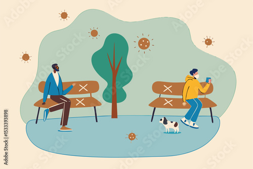 Social distancing Coronavirus COVID-19 pandemic, new normal people wearing protective mask keep distance away in public concept, people sitting keep distance away in public park with sign on chairs.